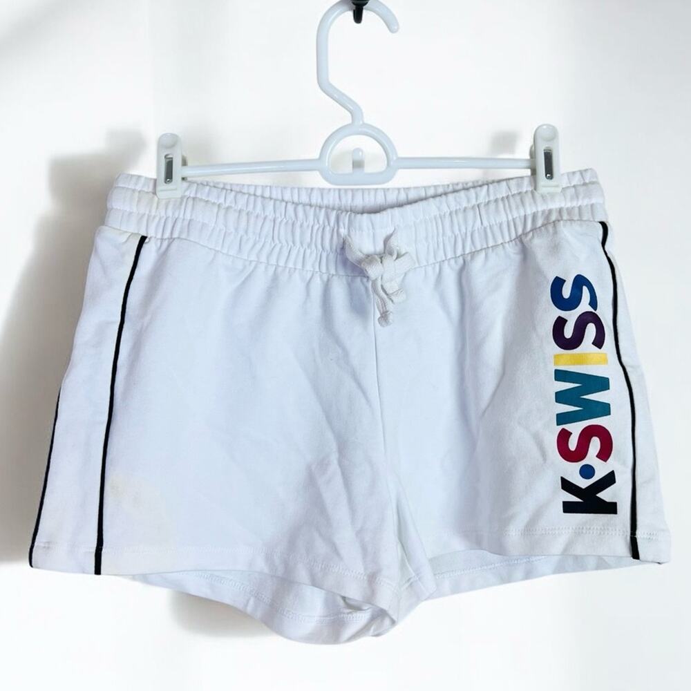 Flawed Gem / K-SWISS Rainbow Logo White Drawstring Side Striped Shorts SMALL Y2K